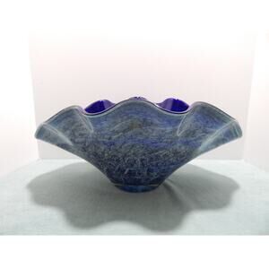 Jozefina Krosno Hand Blown Glass Bowl Blue Gray Black Centerpiece Art